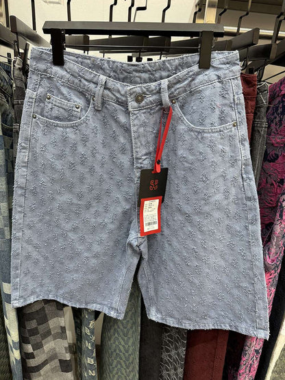 New Summer Men Distressed Short Jeans Vintage Jacquard Straight Leg Men's Denim Shorts Pants