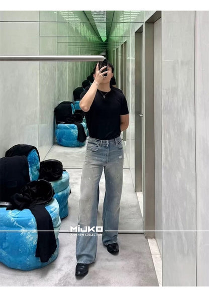 MIJKO Tie Dye Splatter Paint Denim Jeans Men's Loose Wide Leg Jeans American TJ131