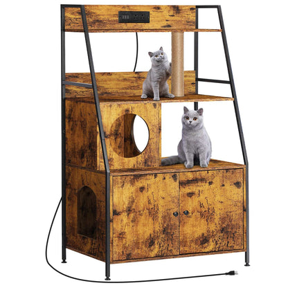 Caixa de Areia para Gatos Escondida com 2 Prateleiras de Armazenamento Móvel Escondido com Estação de Carregamento, Banheiro de Gatos com Torre para Gatos