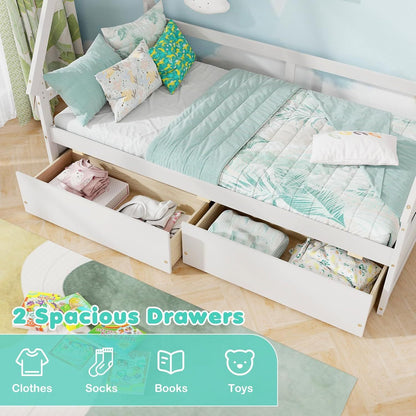 Twin Bed with 2 Storage Drawers, Wood Montessori House Tent Bed Frame with Safety Guardrail, Low Teepee Bed with Wood Sl