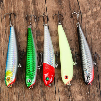5 unidades de isca flutuante tipo lápis, isca de superfície 3D, isca artificial com anzol, equipamento de pesca Wobbler Cranbait