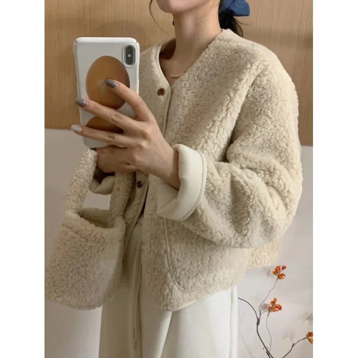 Korean Chic round Neck Single Button Loose Lamb Fur Jacket Winter Elegant Fashion Small Size with Bag Matching Women's Coat