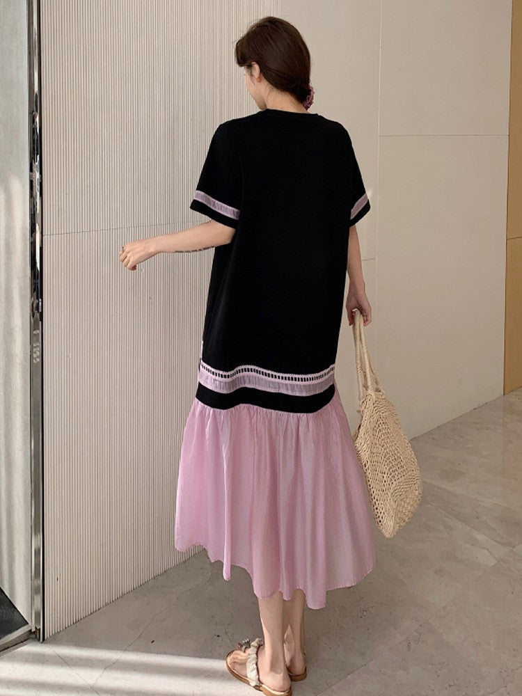 NYFS 2025 Summer Dress Loose plus Size Black Patchwork Pink Hem Long Dresses Robe Elbise Short Sleeve Korean Style Woman Dress