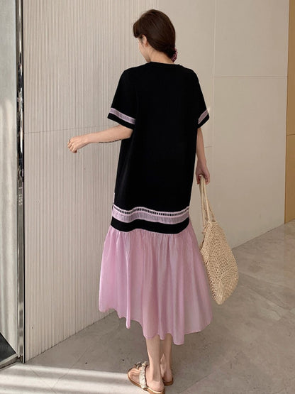 NYFS 2025 Summer Dress Loose plus Size Black Patchwork Pink Hem Long Dresses Robe Elbise Short Sleeve Korean Style Woman Dress