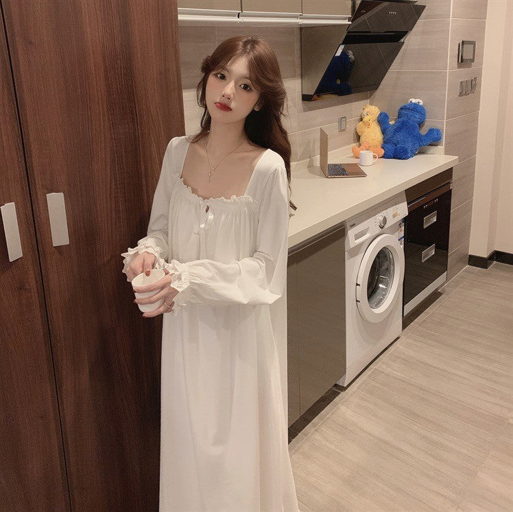 Sweet Princess Style Pajamas Solid Color Fashion Long-Sleeved Soft Home Wear Women's Retro Leisure Dress Lace Ruffled Nightgowns
