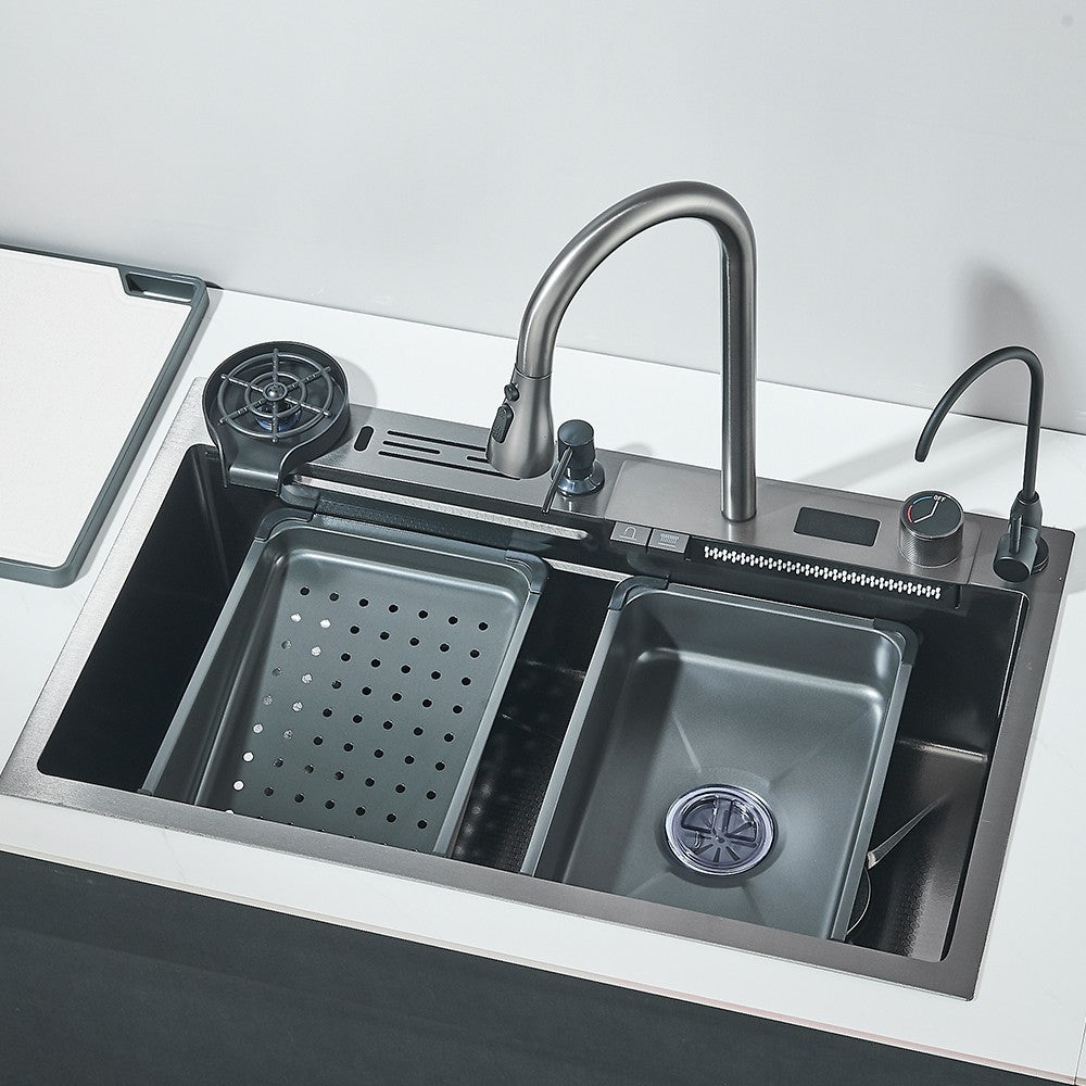304 Stainless Steel Waterfall Kitchen Sink Large Single Slot Integrated Digital Display Faucet Set Soap Dispenser 75*45cm