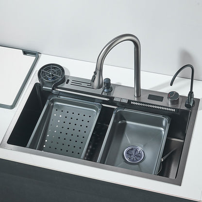 304 Stainless Steel Waterfall Kitchen Sink Large Single Slot Integrated Digital Display Faucet Set Soap Dispenser 75*45cm