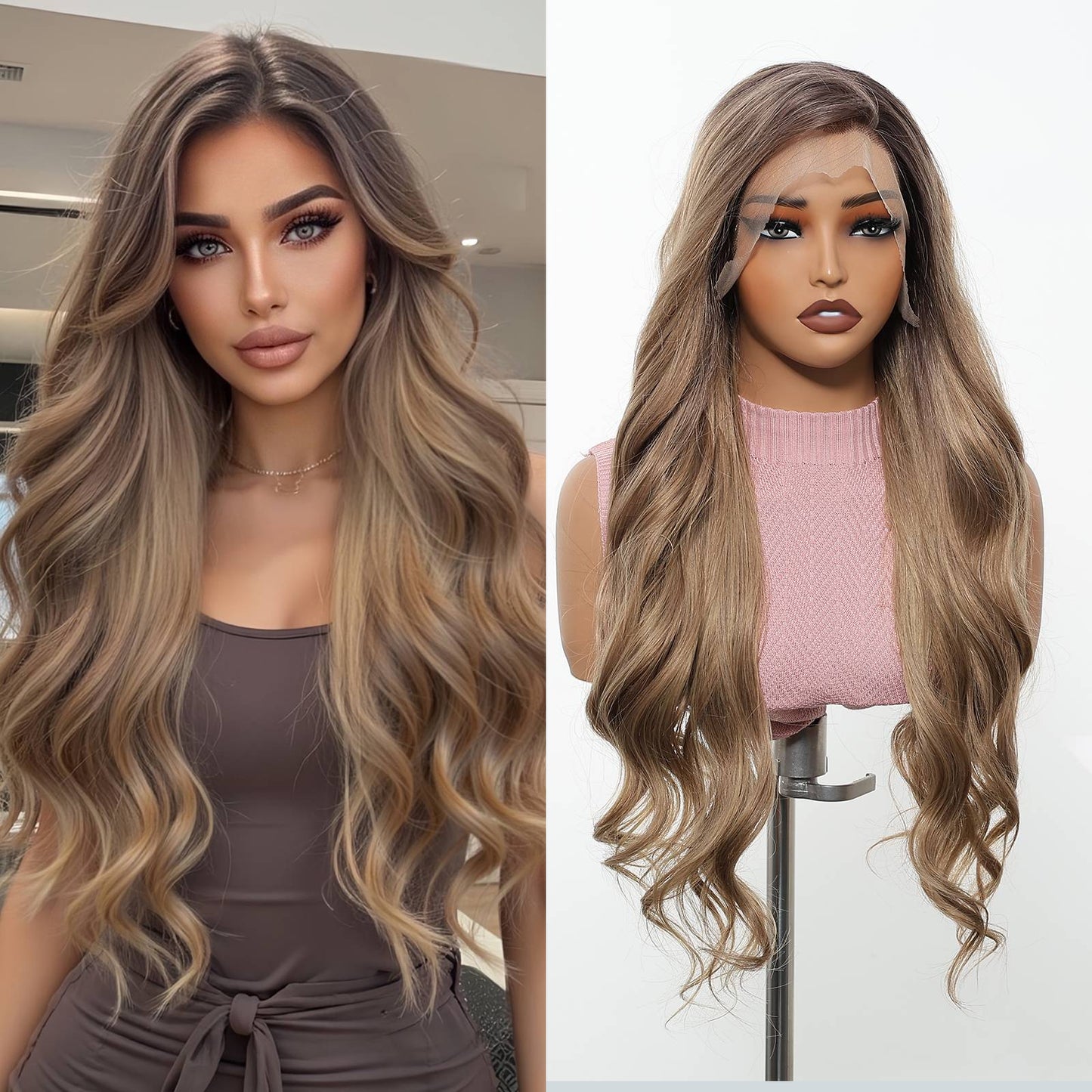 HENRY MARGU Peruca Frontal Lisa Ondulada Marrom Mista Longa Peruca Sintética Natural Ondulada 13x4 Frontal de Renda Cabelo Falso para Mulheres Raiz Escura