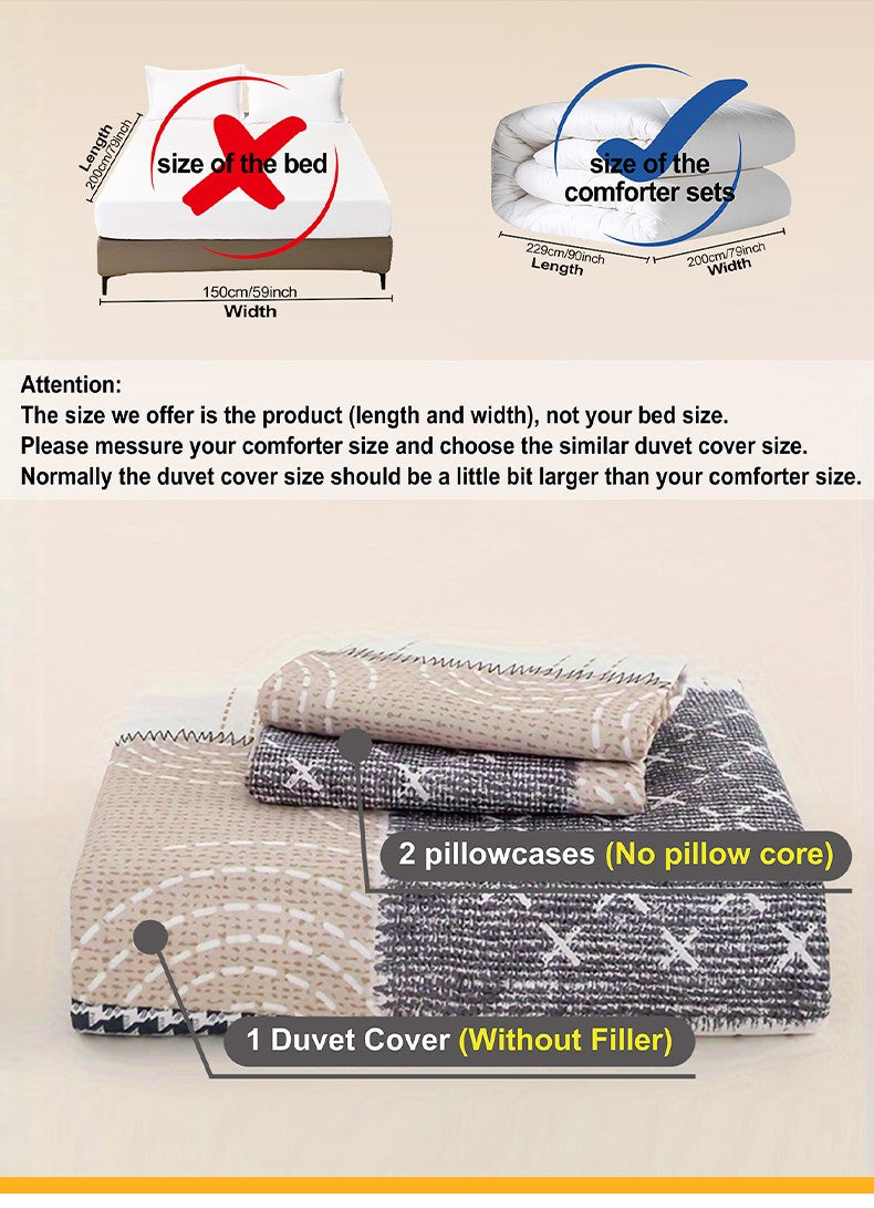 Conjunto de capa de edredom com estampa de retalhos chique de 3 peças, conjunto de cama macio e delicado para a pele inclui 1 capa de edredom e 2 fronhas