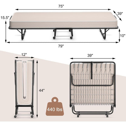 Portable Adult Guest Bed with 4-Inch Mattress and Four Wheels for Space-Saving Storage