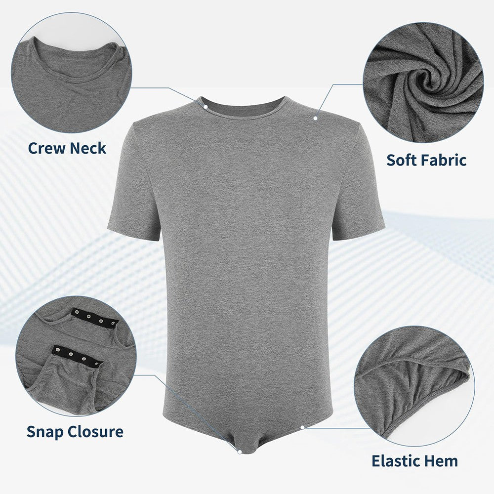 Men Short Sleeve Bodysuit Press Botton Crotch Shirt Pajamas Bodysuit Undershirts Leotard Top