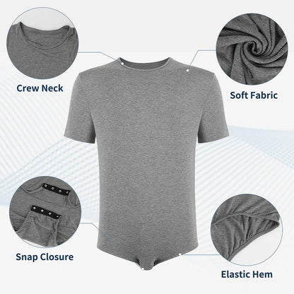 Men Short Sleeve Bodysuit Press Botton Crotch Shirt Pajamas Bodysuit Undershirts Leotard Top