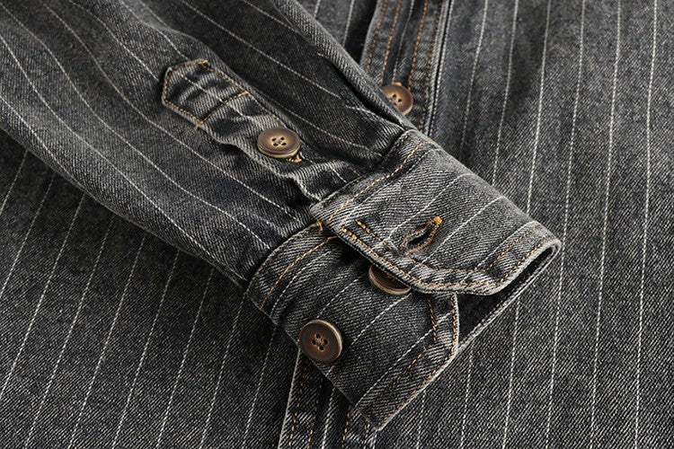 Heavy British retro black gray striped denim shirt for men new autumn end single cargo pocket shirt coat