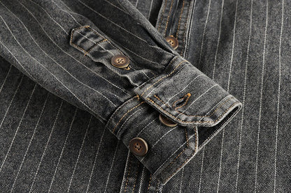 Heavy British retro black gray striped denim shirt for men new autumn end single cargo pocket shirt coat