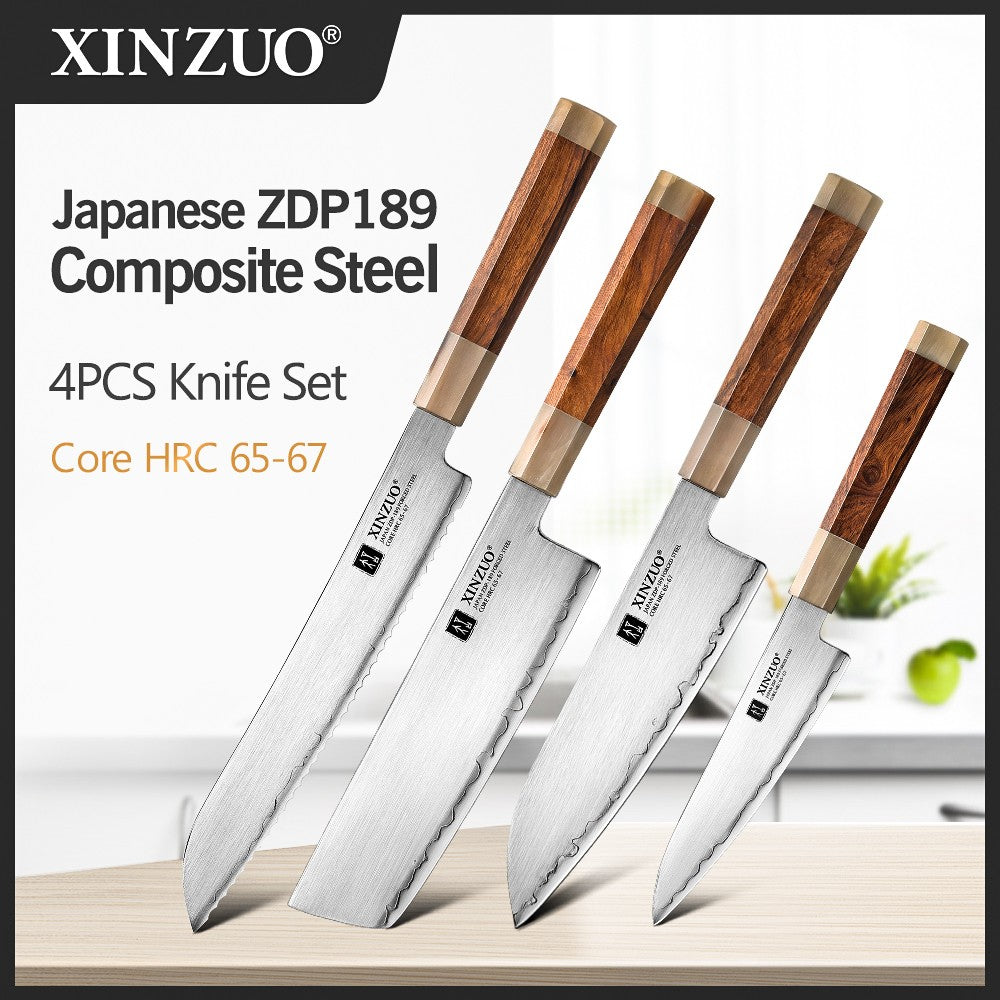 XINZUO 4PCS Kitchen Knives Set Japanese ZDP-189 Composite Steel 65-67 HRC Chef Knife Bread Nakiri Santoku Utility Cooking Tools