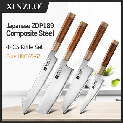 XINZUO 4PCS Kitchen Knives Set Japanese ZDP-189 Composite Steel 65-67 HRC Chef Knife Bread Nakiri Santoku Utility Cooking Tools