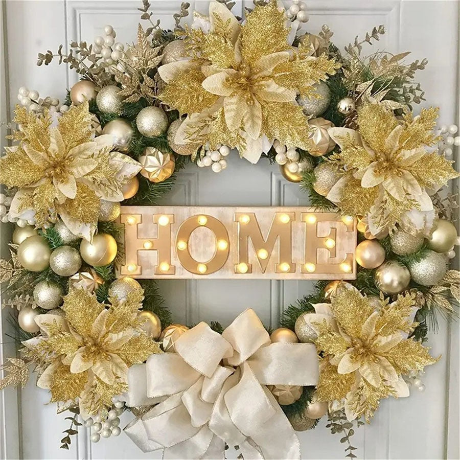 10pcs 14cm Glitter Poinsettia Christmas Artificial Flowers with Clips DIY Xmas Tree Ornaments Wreath Fireplace Decorations