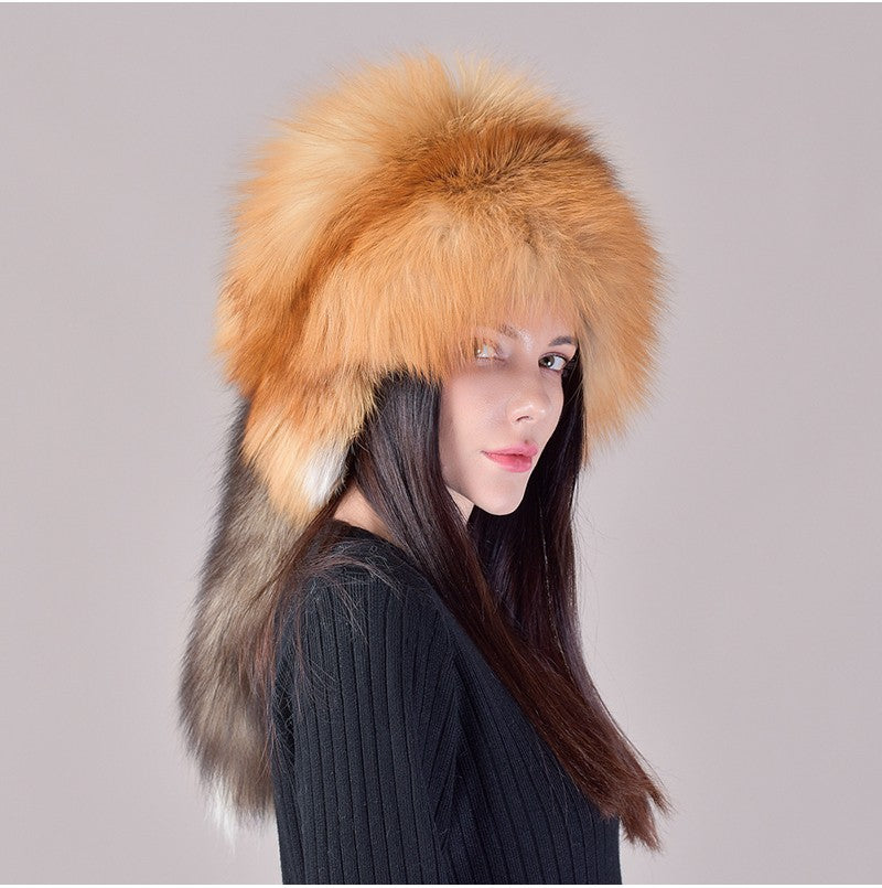 2025 Novo Estilo Chapéu Russo Ushanka de Pele de Raposa Natural Feminino Quente de Inverno Estilo Popular Fofo Boné Feminino com Cauda de Pele Real da Moda