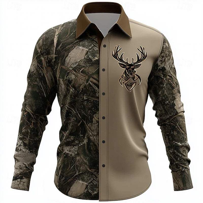 Retro Men's 3D Reindeer Print Shirt Men's Long-sleeved Shirt Breathable Casual Button Loose Top Ethnic Retro Lapel Shirt