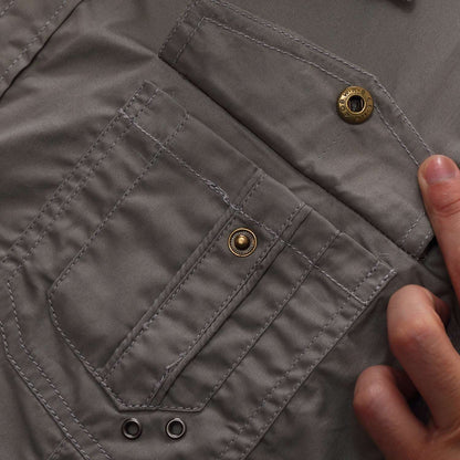 2025 New Fashion Men's Short Sleeve Safari Shirt Tops Summer 100% Cotton Solid Color Casual Cargo Work Shirts with Pocket