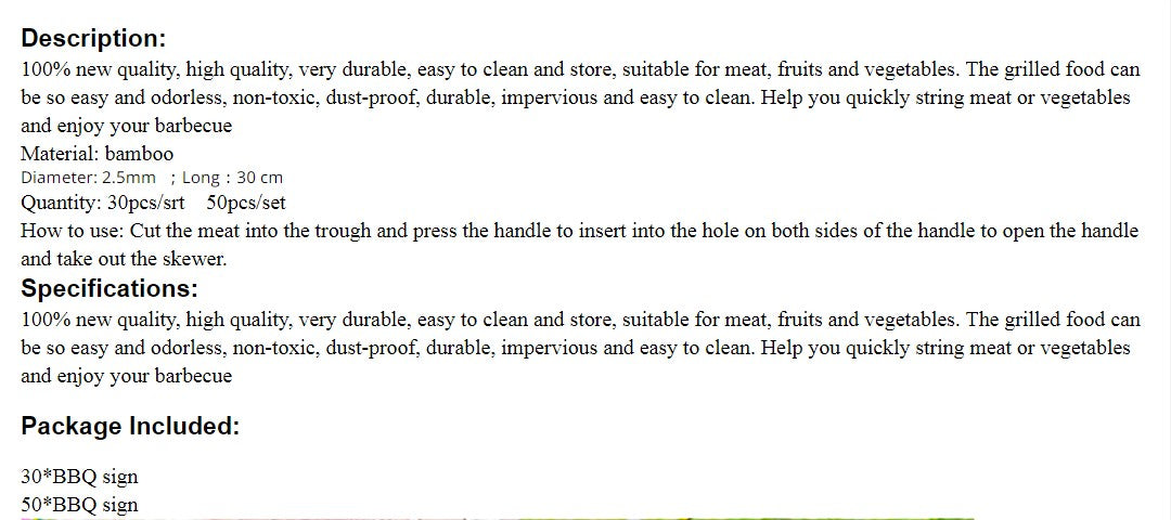 30/50PCS Disposable Wooden Grill Grilling Bbq Tools Outdoor Cooking BBQ Sticks Bamboo Skewers Barbecue Tools Fruit Sticks