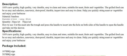 30/50PCS Disposable Wooden Grill Grilling Bbq Tools Outdoor Cooking BBQ Sticks Bamboo Skewers Barbecue Tools Fruit Sticks