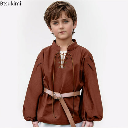 Boys Medieval Pirate Shirt Kids Renaissance Lace up Halloween Scottish Jacobite Ghillie Costume Tops Viking Colonial Costume Top
