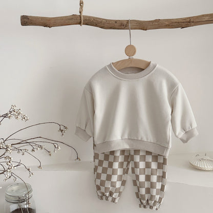Autumn Fashion Newborn Baby Boys Girls Clothes Comfort Outfit Solid Color Long Sleeves Top+Chessboard Pattern Pants 2Pcs/set