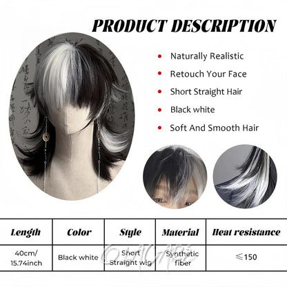 OLACARE Perucas Curta Mullet com Franja Sintética Reta Anime Masculina Preto Branco Cinza Verde Peruca de Cabelo para Festa Diária Cosplay
