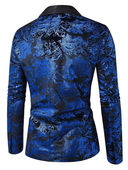 Men's Purple Print Suit Jacket Burgundy Long Sleeve Black Collar Single Button Coat for Wedding Party Stage Performance