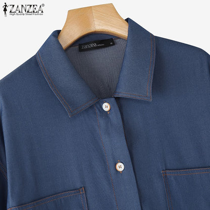 ZANZEA Denim Cardigan Shirts Women Elegant Office Blusas Casual Lapel Neck Outwears 2025 Half Sleeve Solid Color Fashion Tunic