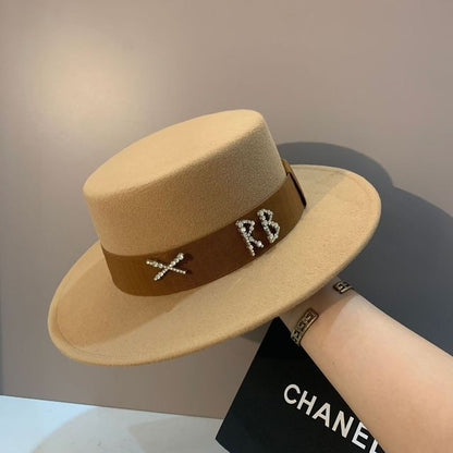 2022 new oversized edge flat top hat retro French felt hat outdoor sun hat women's big-brimmed fedora hat