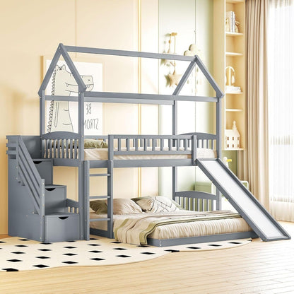 House Bunk Bed with Slide and Stairs, Twin Over Full Bunk Bed with Storage and Steps, Wood Playhouse Bunk Bed for Kids