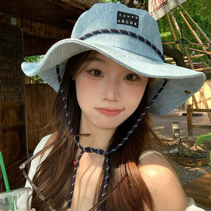 Retro Sunscreen Western Cowboy Hat Lightweight Wide-Brimmed Denim Bucket Hat Japanese Style Cloth Fisherman Hat Travel