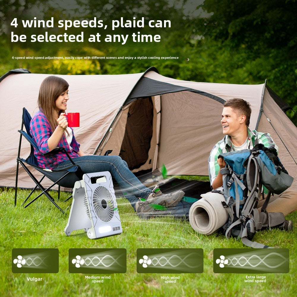Powered Camping Solar Fan - Portable Rechargeable Handheld Fan with LED Light, Power Bank for Outdoor, Fishing, and Wild Camping