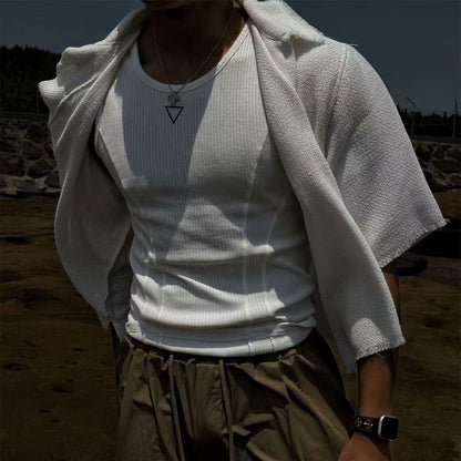 Summer American Men's Vest Wearing Thick Thread Slim Vest Men's Sports Training Striped Vest Base T-shirt Fitness GYM