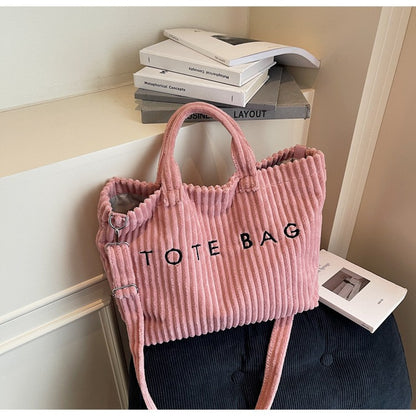 Large Capacity Striped Velvet Handbag Shoulder Bag for Woman Handbags Crossbody Bags, Versatile Letter Corduroy Women's Tote Bag