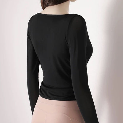Quick Drying Yoga Sports Top V-Neck Cross Waist Mesh Breathable Fitness Long Sleeve Cover up for Women