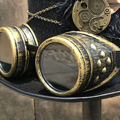 Steampunk Top Hat Wool Felt Victorian Hat with Goggles & Feather Unisex Costume Top Cap Gothic Hippies Cap Cosplay Props