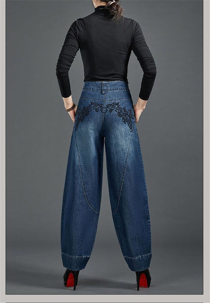 Autumn Winter High Waisted Women Jeans Casual Loose Embroidery Bloomers Trousers Female Fashion Wide Leg Denim Pants Blue