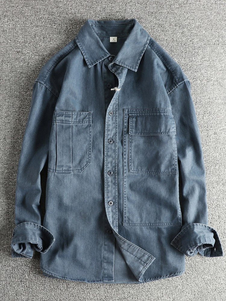 Autumn New Japanese Retro Woven Twill Cargo Shirt Men's Amekaji 100% Cotton Washed Long Sleeve Double Pocket Casual Thin Coat