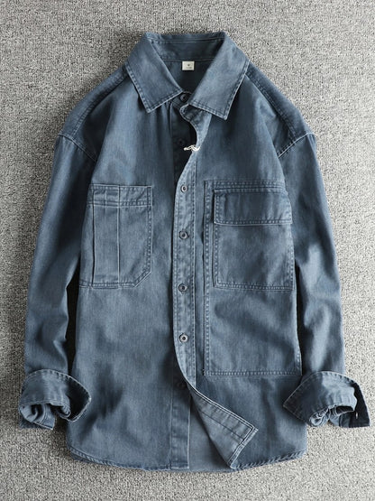 Autumn New Japanese Retro Woven Twill Cargo Shirt Men's Amekaji 100% Cotton Washed Long Sleeve Double Pocket Casual Thin Coat