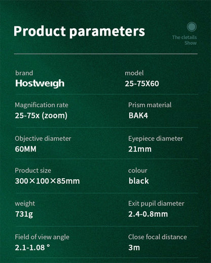 25-75x60 HD Spotting Scope Powerful Monocular Zoom Telescope Prism Waterproof for Birdwatching Target Shooting Camping