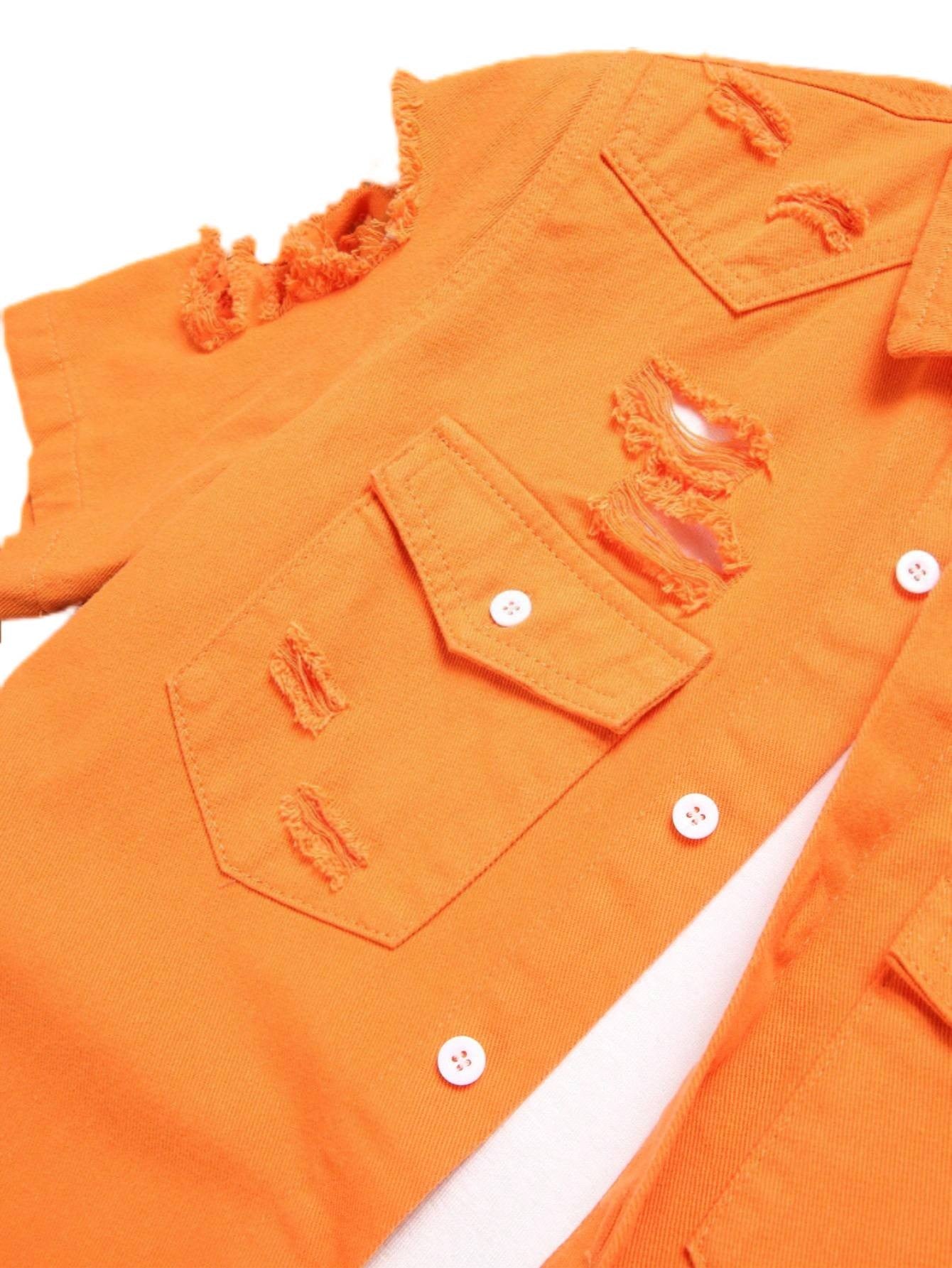Men's summer orange short - sleeved denim shirt with holes. In a stylish and casual style.