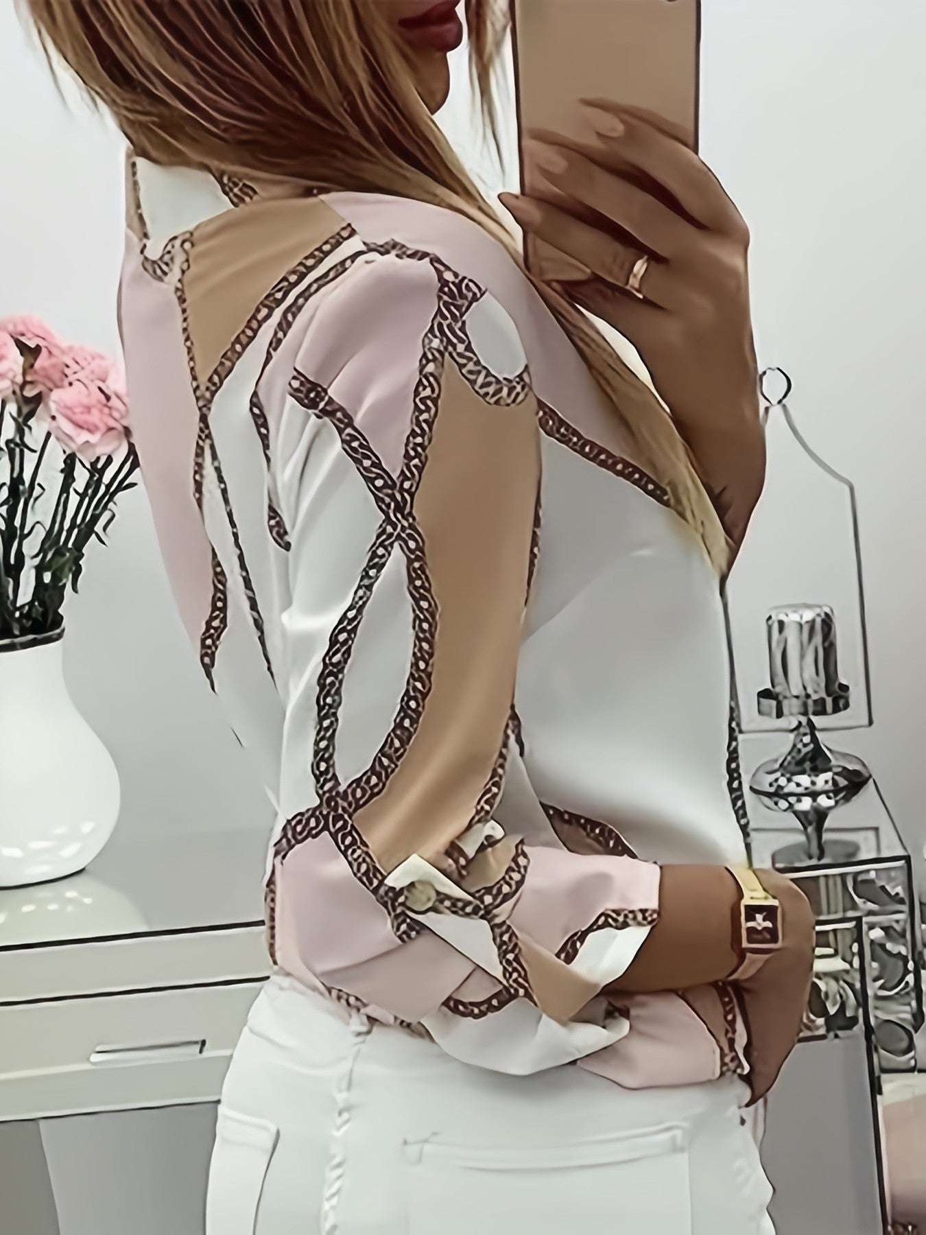 Plus Size Casual Top, Women's Plus Colorblock Chain Print Button Up Roll Up Sleeve Round Neck Top