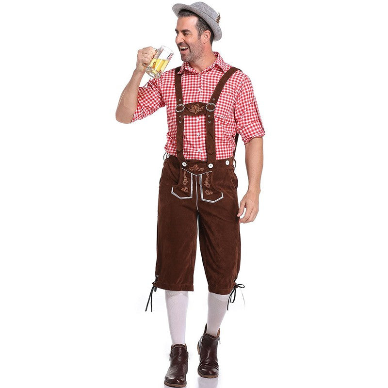 Germany Oktoberfest Costumes Adult Men Traditional Bavarian Beer Shorts Outfit Overalls Shirt Hat Suspenders Set Halloween Cloth