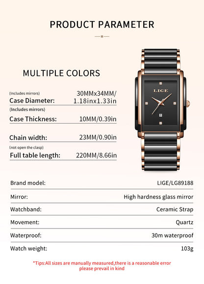LIGE Fashion Elegant Watch for Women Japanese Movement Ceramics Strap Luxury Ladies Bracelet Quartz Watches Gifts Reloj Mujer