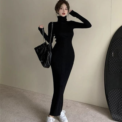 Sexy Black Turtleneck Knitted Bodycon Dress Women Autumn Winter Long Sleeve Sweater Dress Woman Korean Bottoming Long Dresses