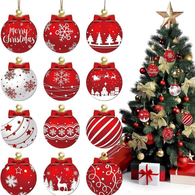 12pcs/set Red and White Wooden Christmas Ball Ornament, Elk Snowflake Pattern Christmas Party Hanging Decoration Supplies Winter