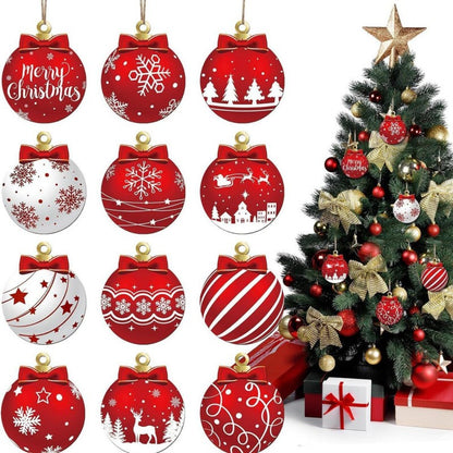 12pcs/set Red and White Wooden Christmas Ball Ornament, Elk Snowflake Pattern Christmas Party Hanging Decoration Supplies Winter